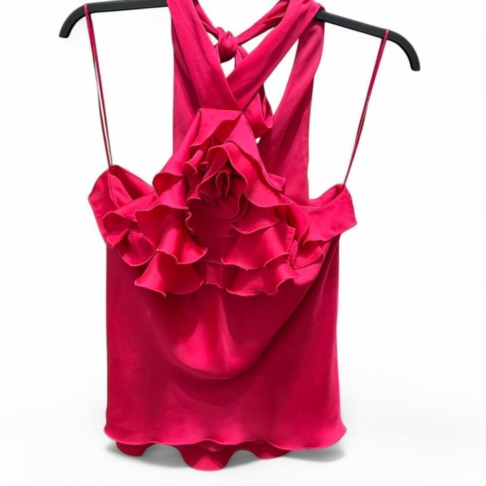 Hot pink ruffle blouse with adjustable criss cross strap, halter top style.